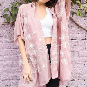 Pink Sheer Floral Kimono White Stitching